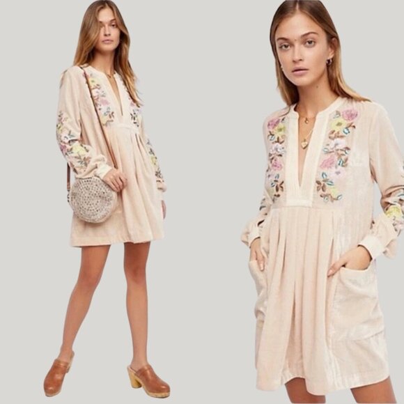 Free People Dresses & Skirts - Free People Mia Embroidered Velvet Mini Dress in Beige — Size XS (Oversized Fit)